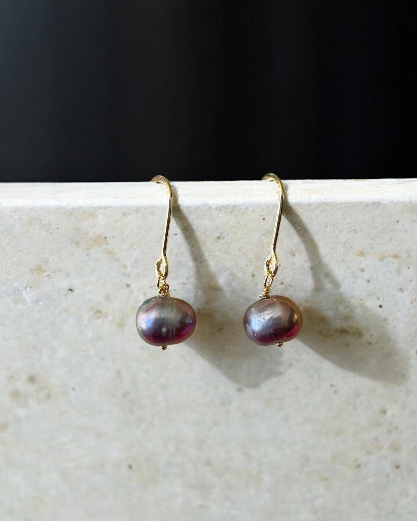 Black Tahitian Hook Earrings / 14K GF