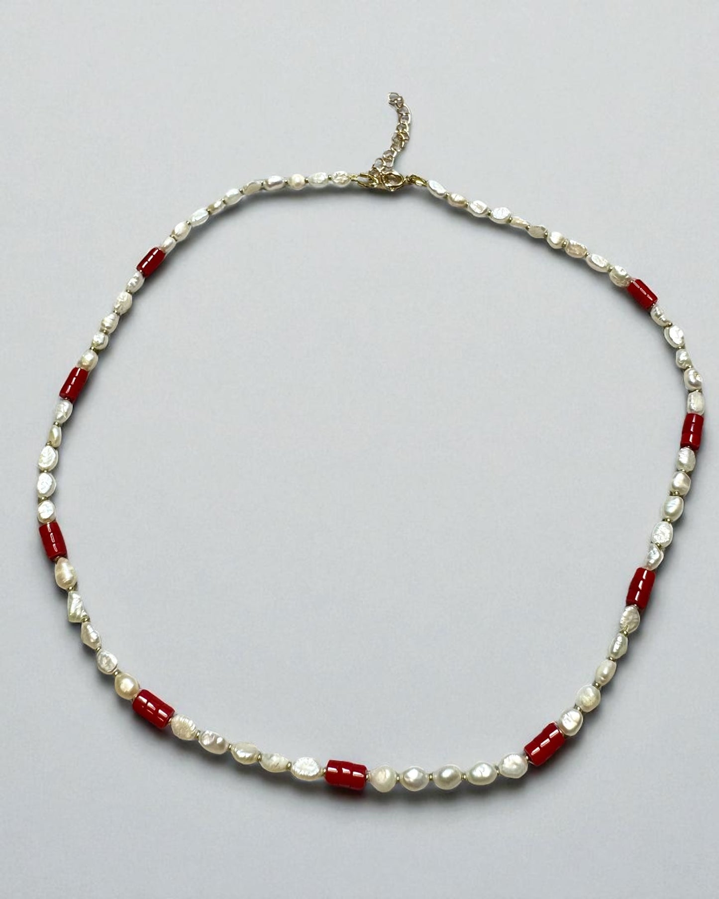 Mini Pearl Necklace With Red Glass Beads