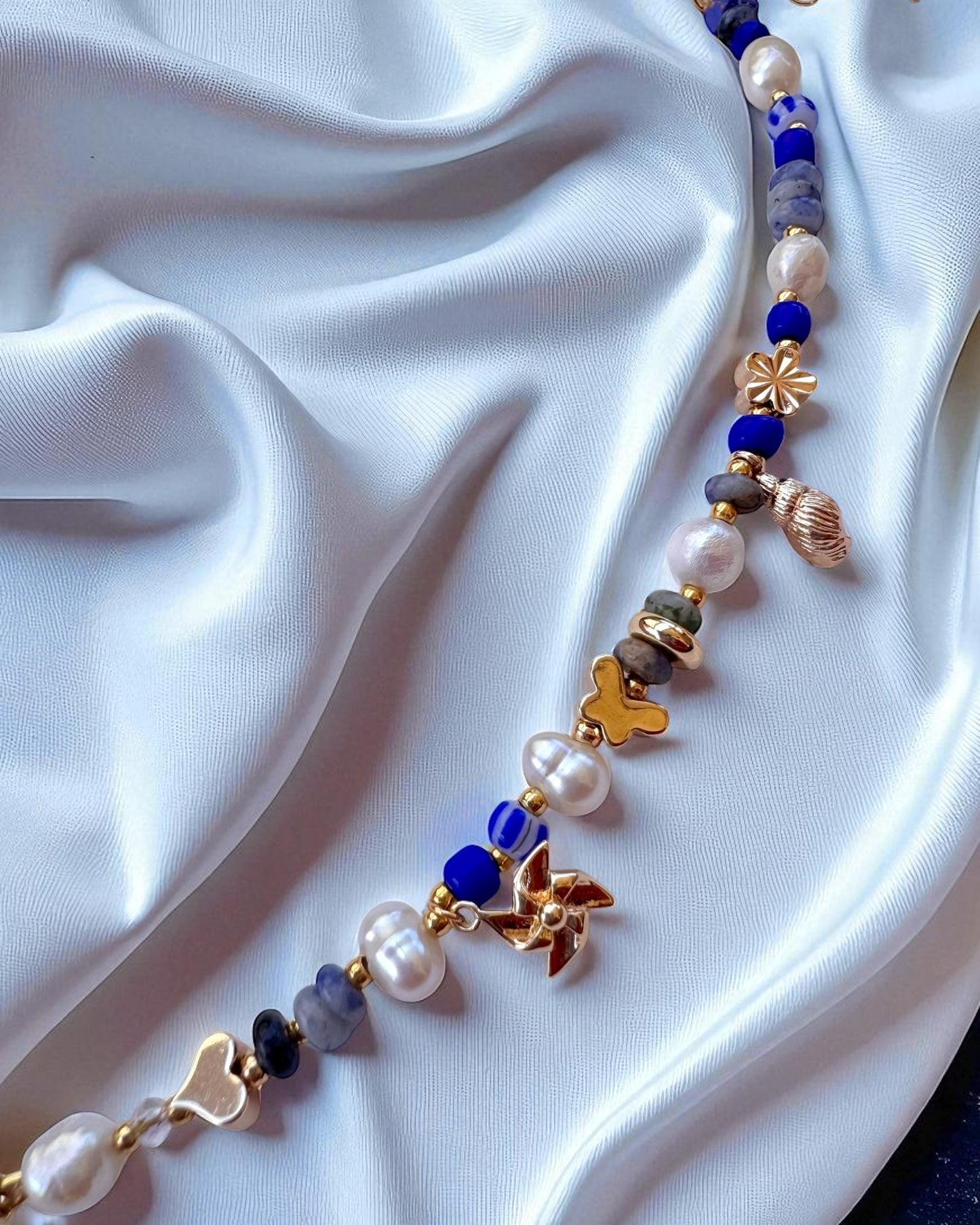 Sodalite Pearls Charm Bracelet