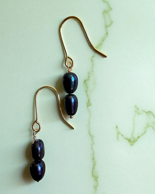 Black Tahitian Hook Earrings / 14K GF