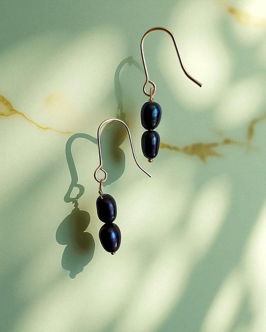 Black Tahitian Hook Earrings / 14K GF