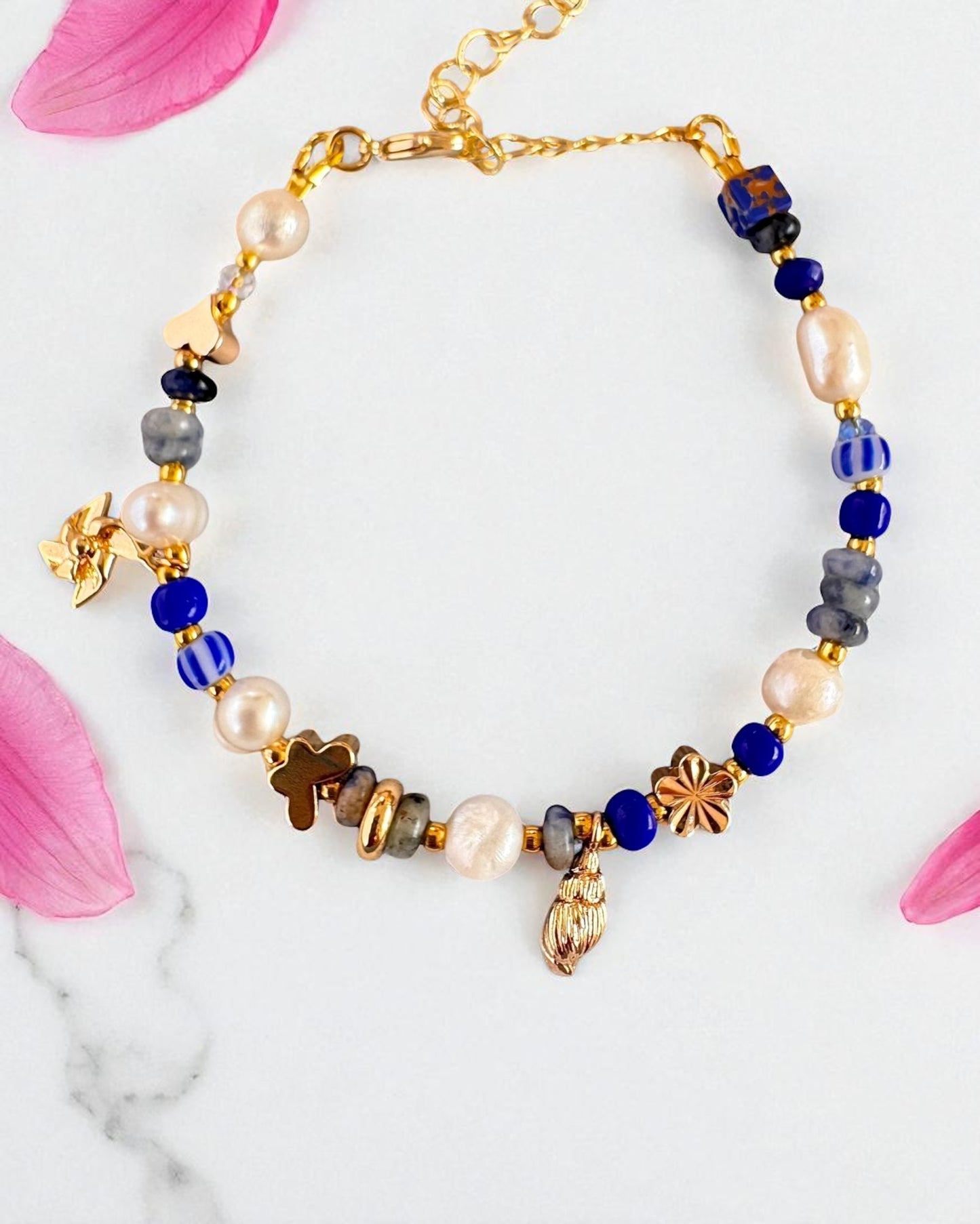 Sodalite Pearls Charm Bracelet