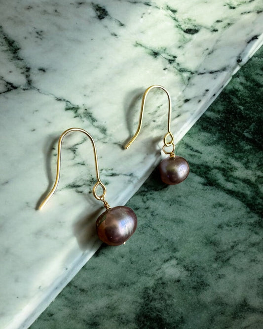 Black Tahitian Hook Earrings / 14K GF