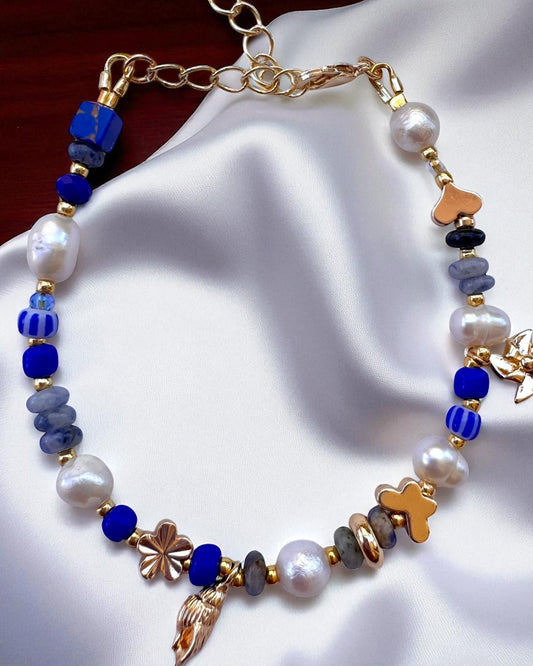 Sodalite Pearls Charm Bracelet