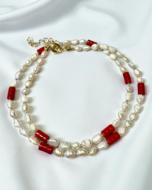 Mini Pearl Necklace With Red Glass Beads