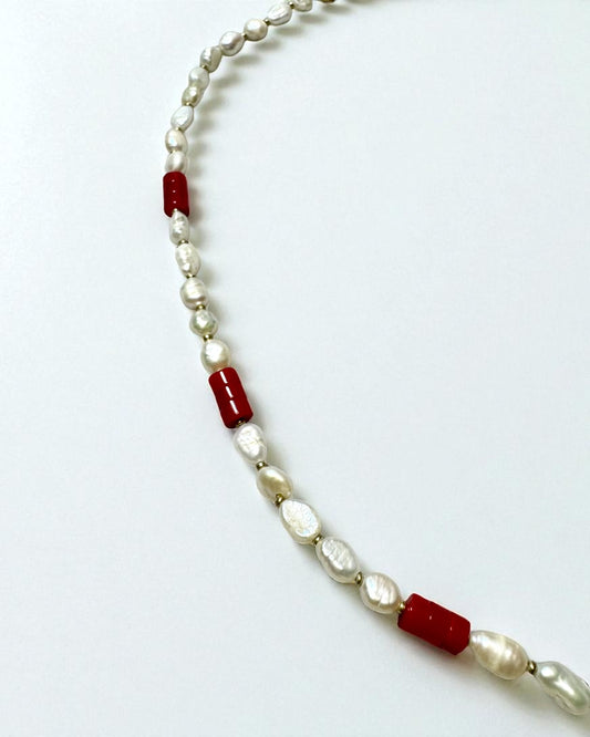 Mini Pearl Necklace With Red Glass Beads